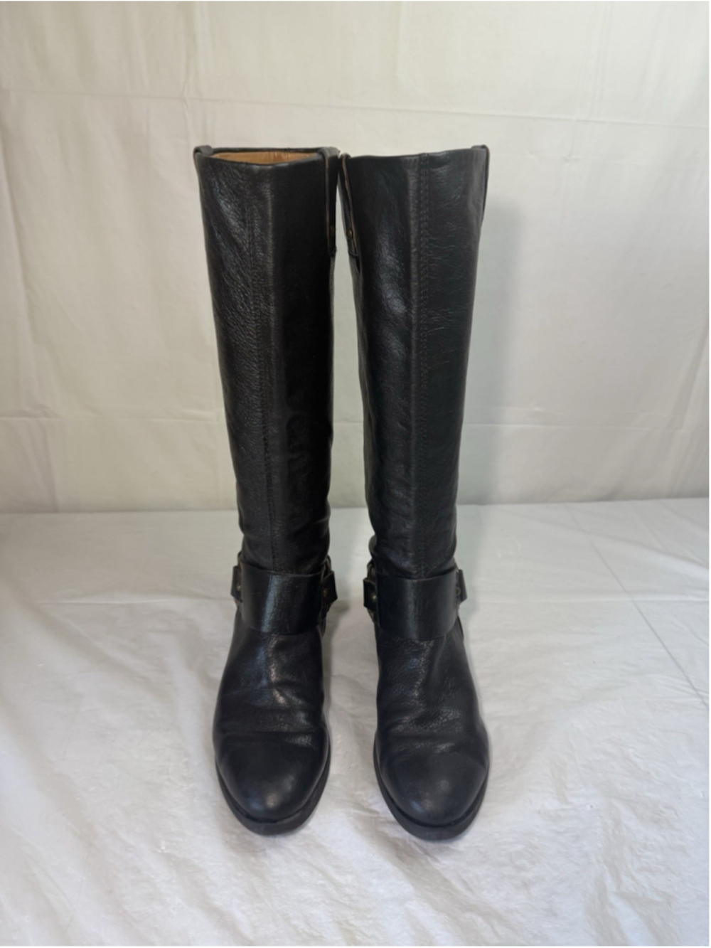 Nine West Vintage America Collection 8.5 Moto Boots Black Leather Harness Knee